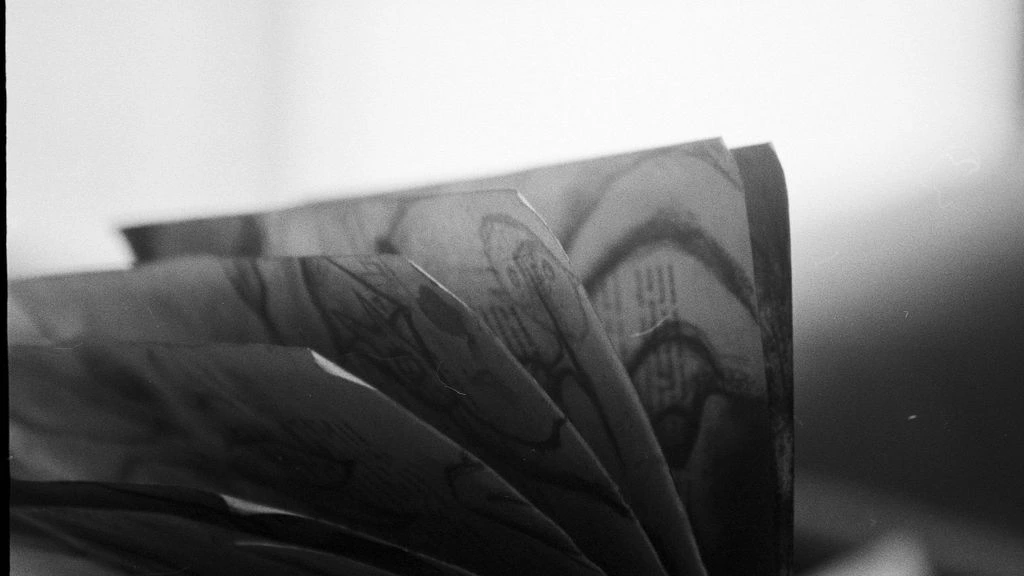 An open copy of the book on a library table, photographed in black and white.
